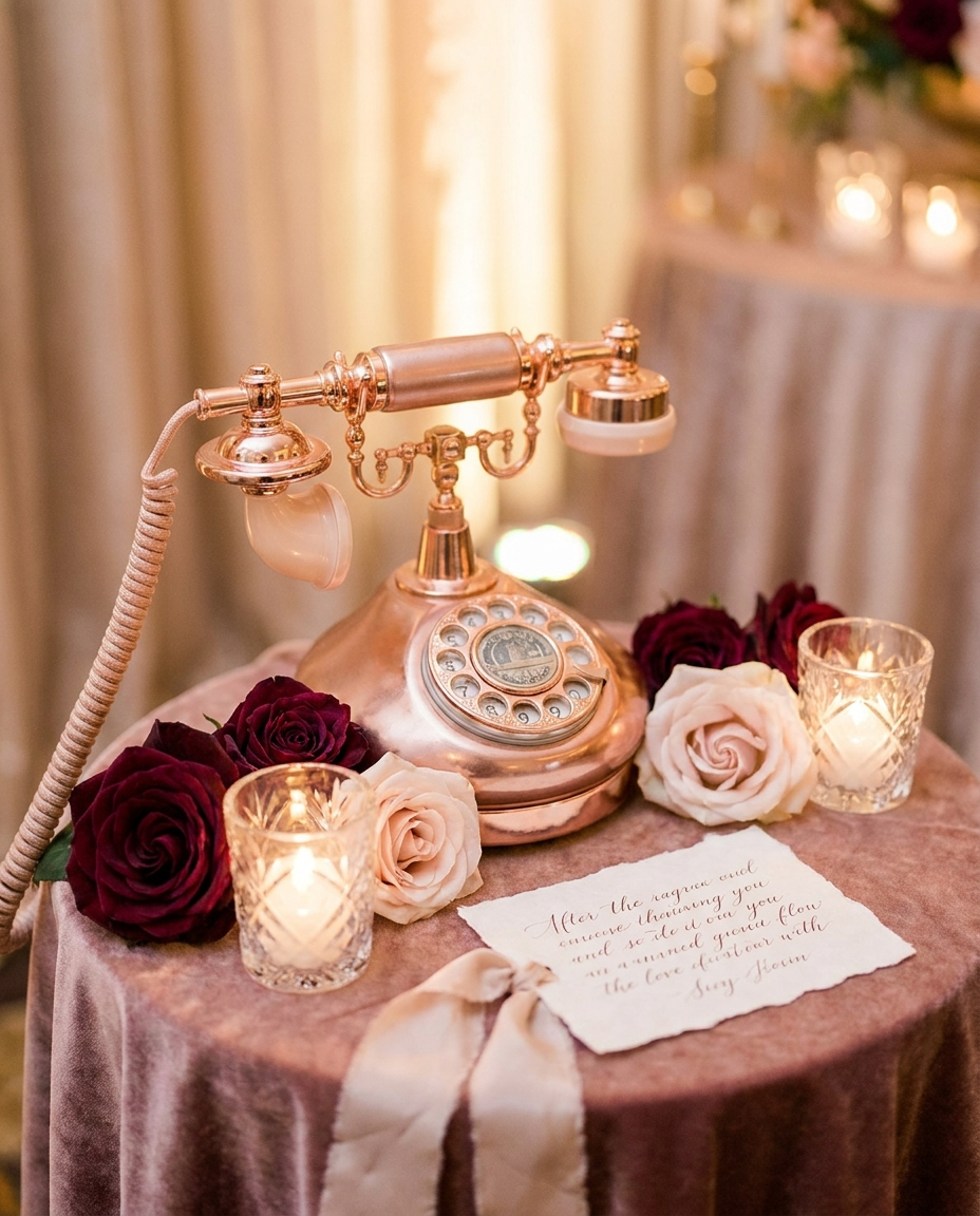 A vintage rose-gold rotary phone on a table decorated with burgundy and blush roses