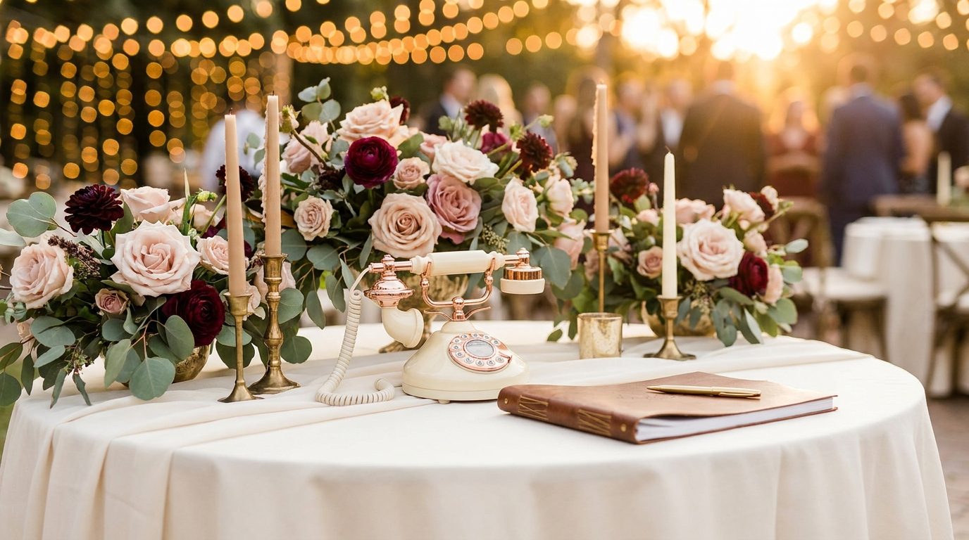 A candlelit reception with a vintage rose-gold phone on a keepsake table surrounded by roses