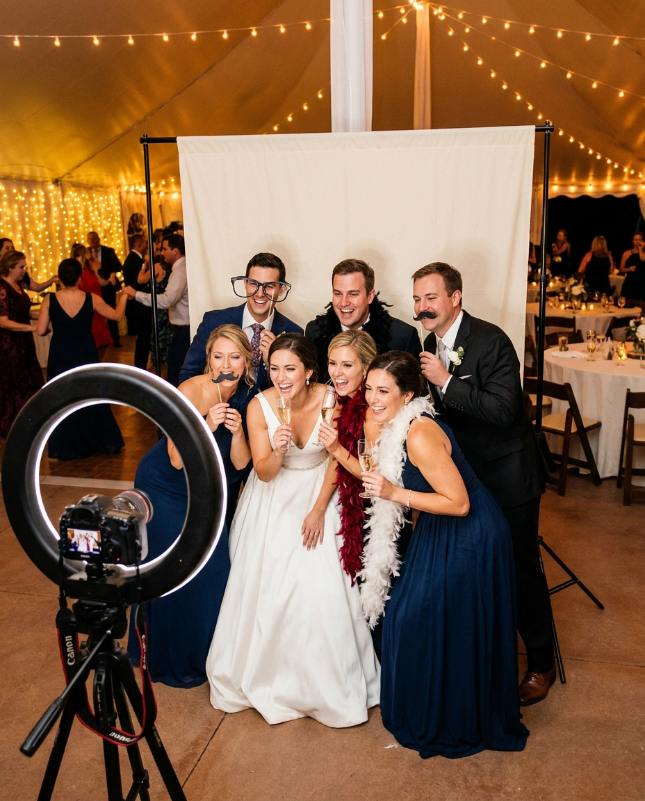 Guests laughing in an open-air photo booth