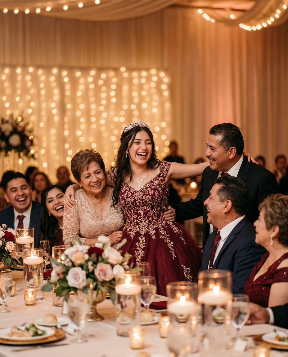 A quinceañera in a burgundy gown laughing with her family