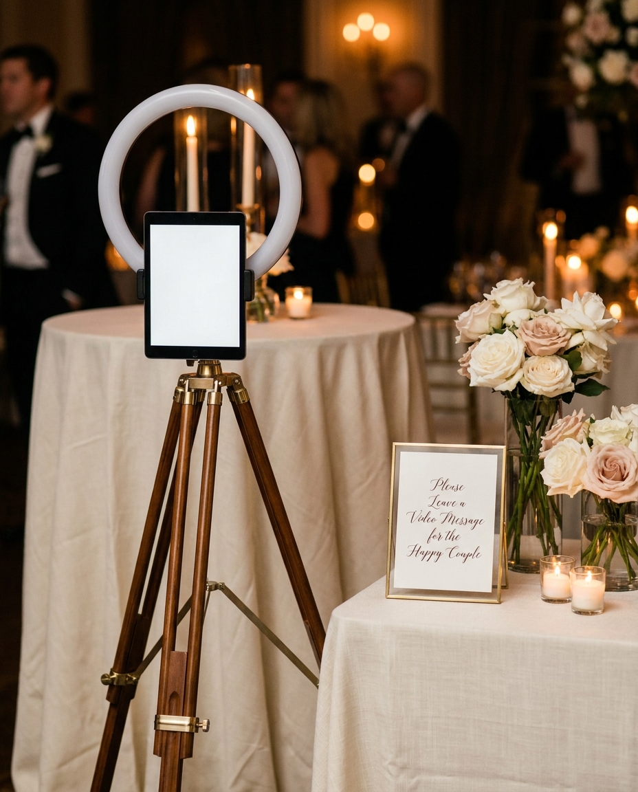 Modern video guestbook booth on a tripod with a ring light