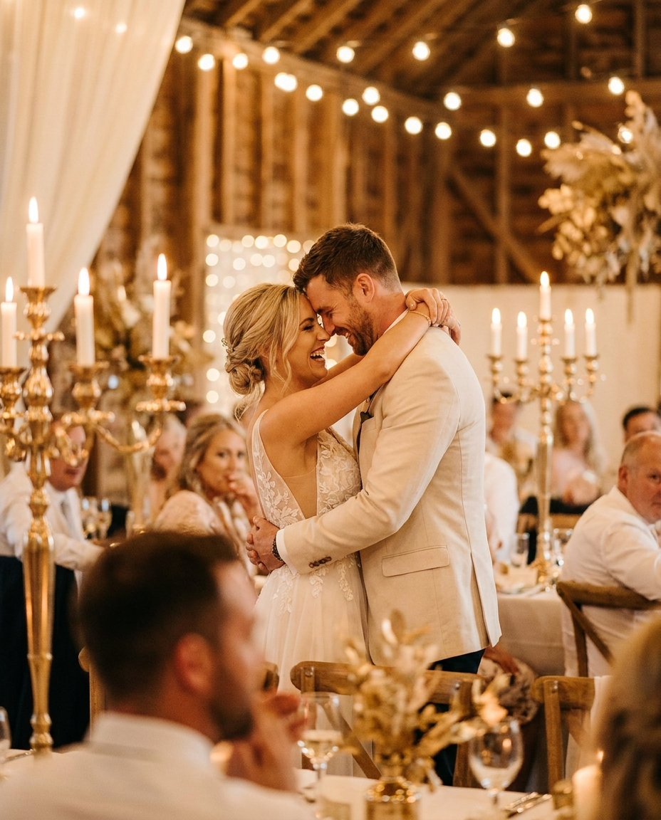 A newlywed couple laughing together at their reception